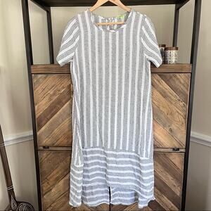 Trisha Tyler Sz M Lagenlook Gray White Striped Cotton Midi Dress